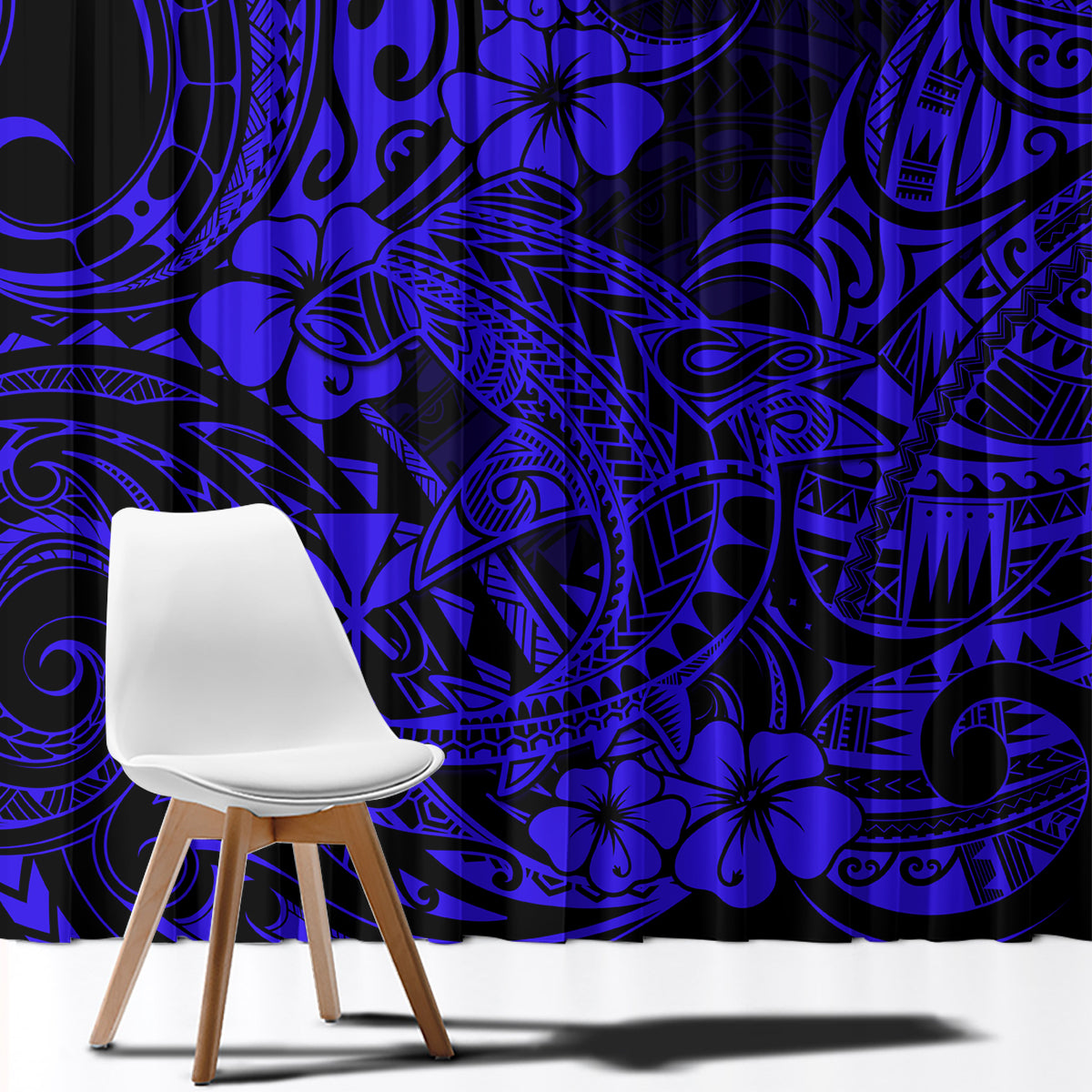 Hawaii Shark Window Curtain Polynesian Pattern Navy Blue Version - Wonder Print Shop