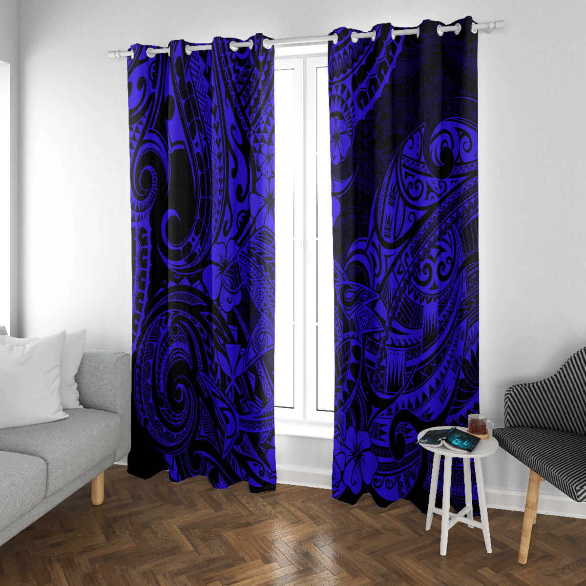 Hawaii Shark Window Curtain Polynesian Pattern Navy Blue Version - Wonder Print Shop