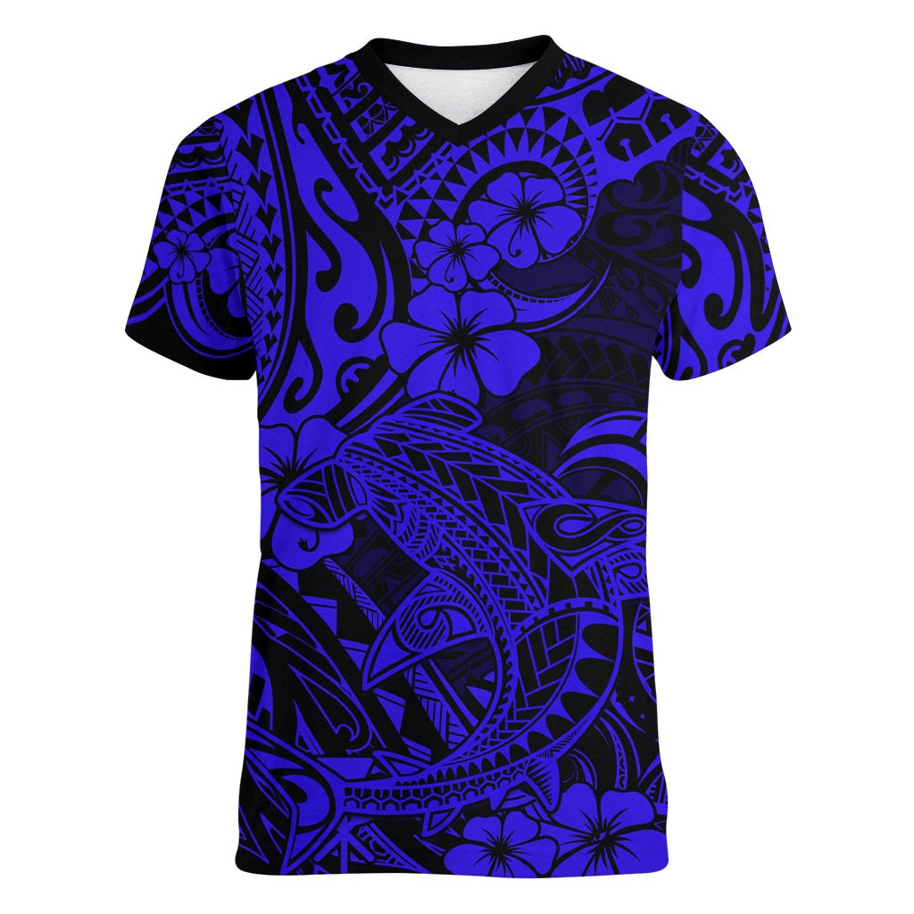 Hawaii Shark Women V Neck T Shirt Polynesian Pattern Navy Blue Version - Wonder Print Shop