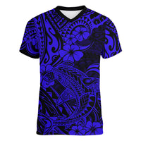 Hawaii Shark Women V Neck T Shirt Polynesian Pattern Navy Blue Version - Wonder Print Shop