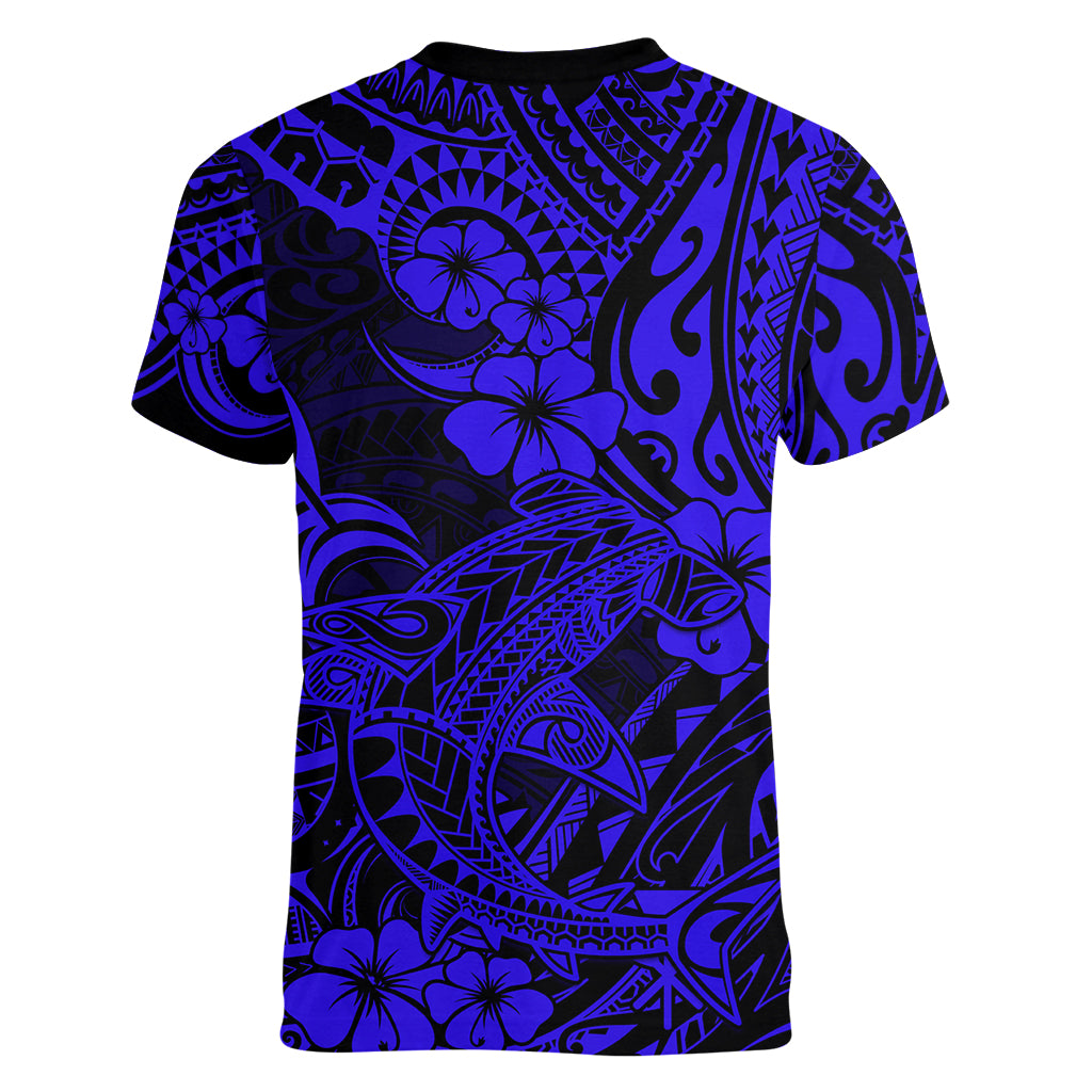 Hawaii Shark Women V Neck T Shirt Polynesian Pattern Navy Blue Version - Wonder Print Shop