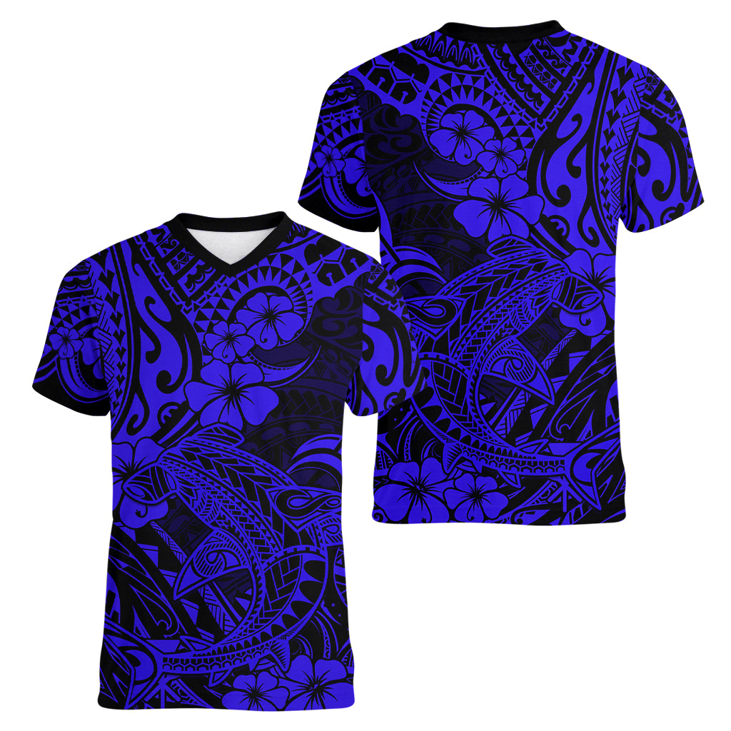 Hawaii Shark Women V Neck T Shirt Polynesian Pattern Navy Blue Version - Wonder Print Shop