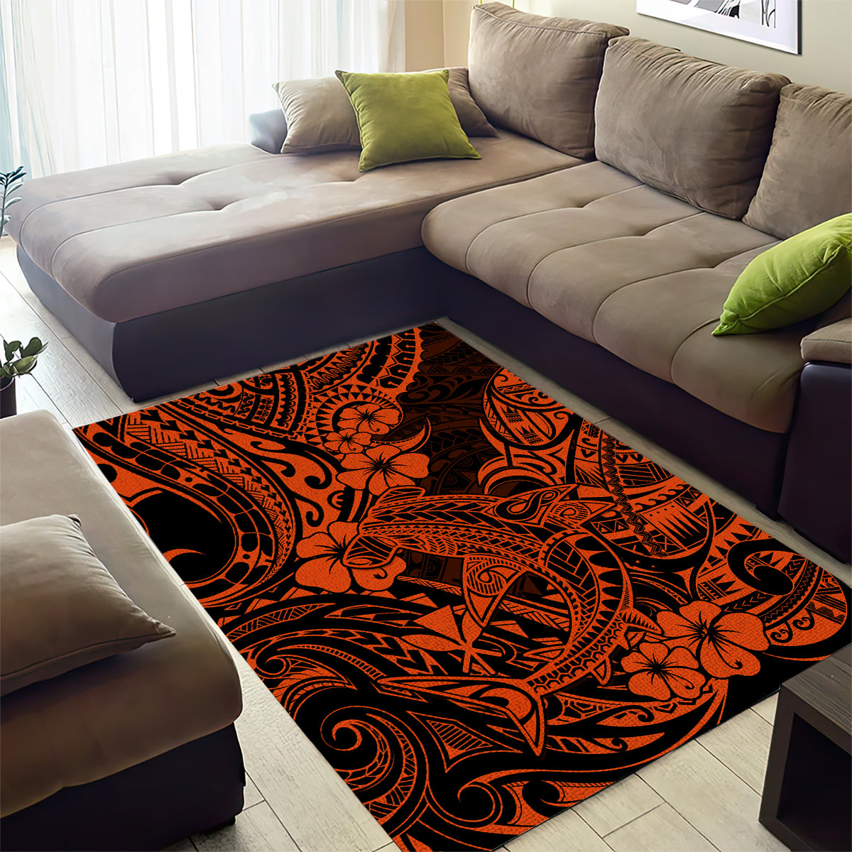 Hawaii Shark Area Rug Polynesian Pattern Orange Version - Wonder Print Shop