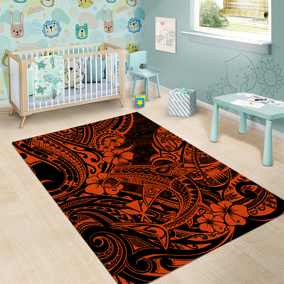 Hawaii Shark Area Rug Polynesian Pattern Orange Version - Wonder Print Shop