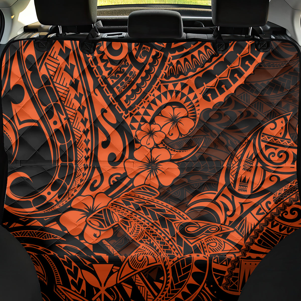 Hawaii Shark Back Car Seat Cover Polynesian Pattern Orange Version - Wonder Print Shop