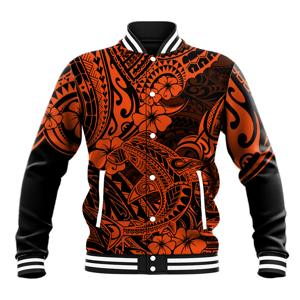 Hawaii Shark Baseball Jacket Polynesian Pattern Orange Version - Wonder Print Shop