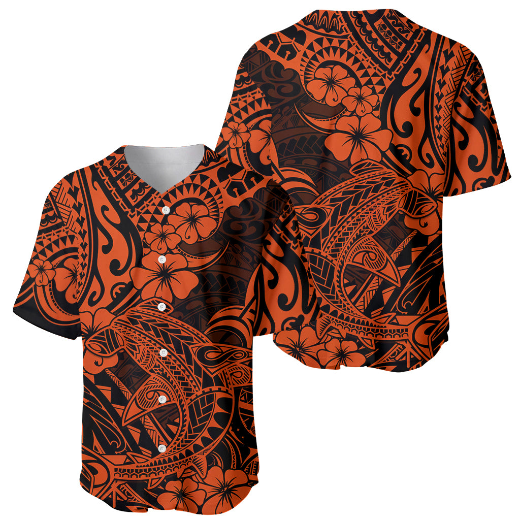 Hawaii Shark Baseball Jersey Polynesian Pattern Orange Version - Wonder Print Shop