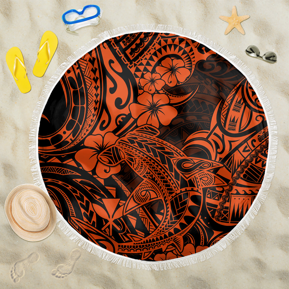 Hawaii Shark Beach Blanket Polynesian Pattern Orange Version - Wonder Print Shop