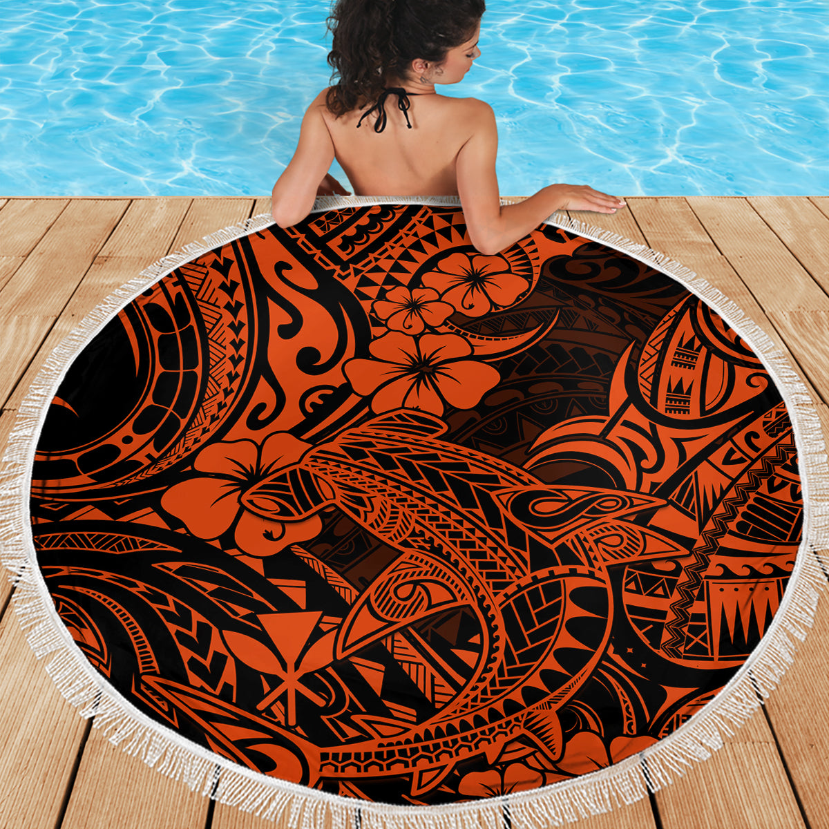 Hawaii Shark Beach Blanket Polynesian Pattern Orange Version - Wonder Print Shop