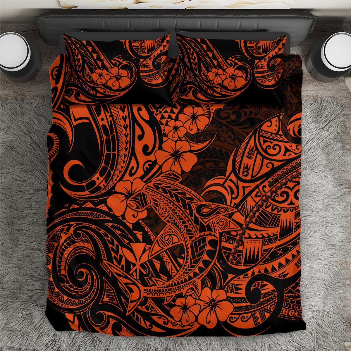 Hawaii Shark Bedding Set Polynesian Pattern Orange Version - Wonder Print Shop