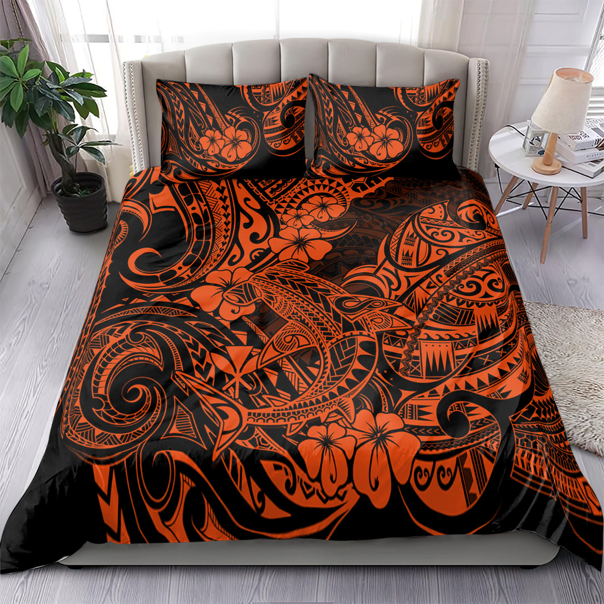 Hawaii Shark Bedding Set Polynesian Pattern Orange Version - Wonder Print Shop