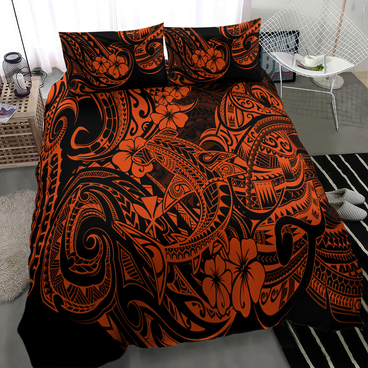 Hawaii Shark Bedding Set Polynesian Pattern Orange Version - Wonder Print Shop