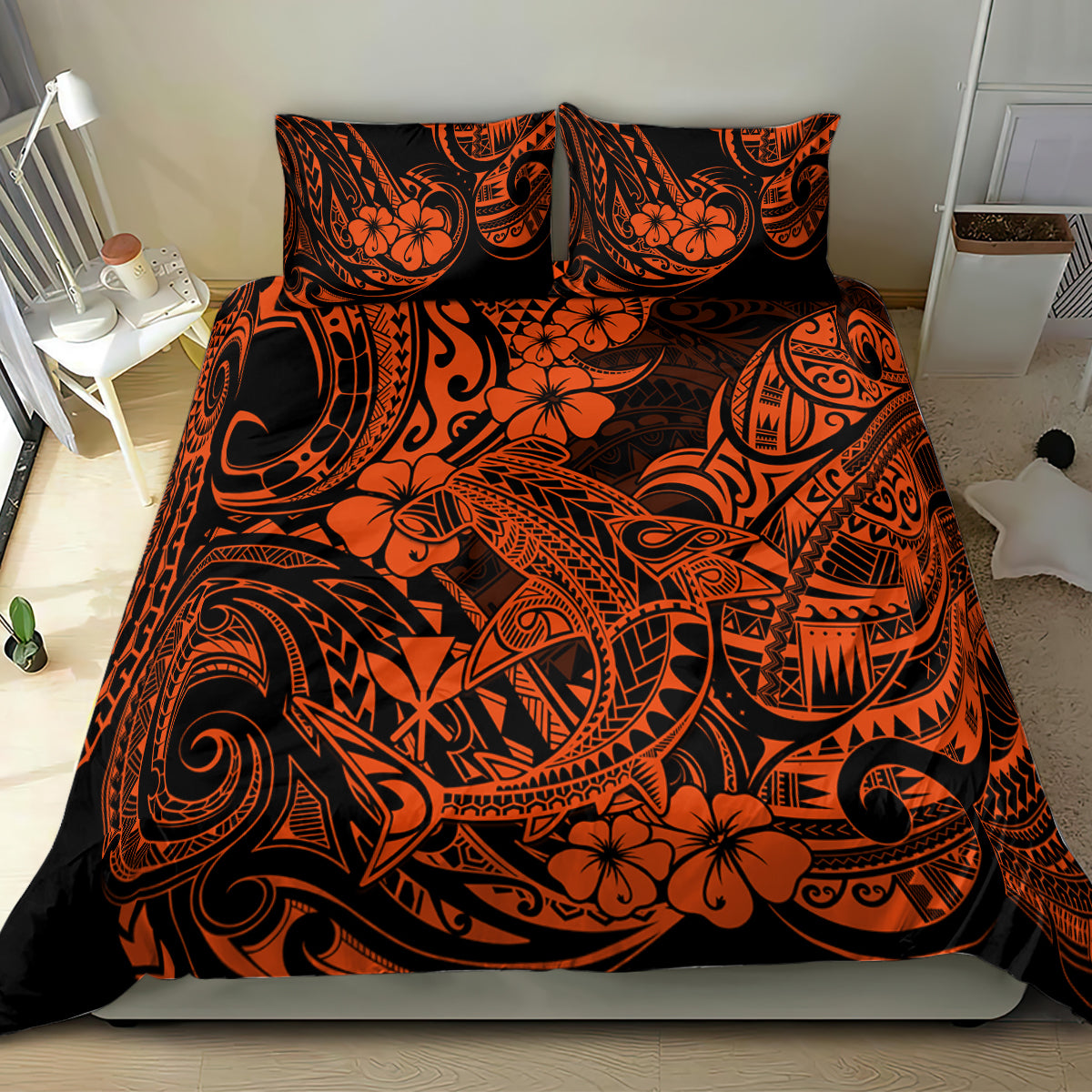 Hawaii Shark Bedding Set Polynesian Pattern Orange Version - Wonder Print Shop