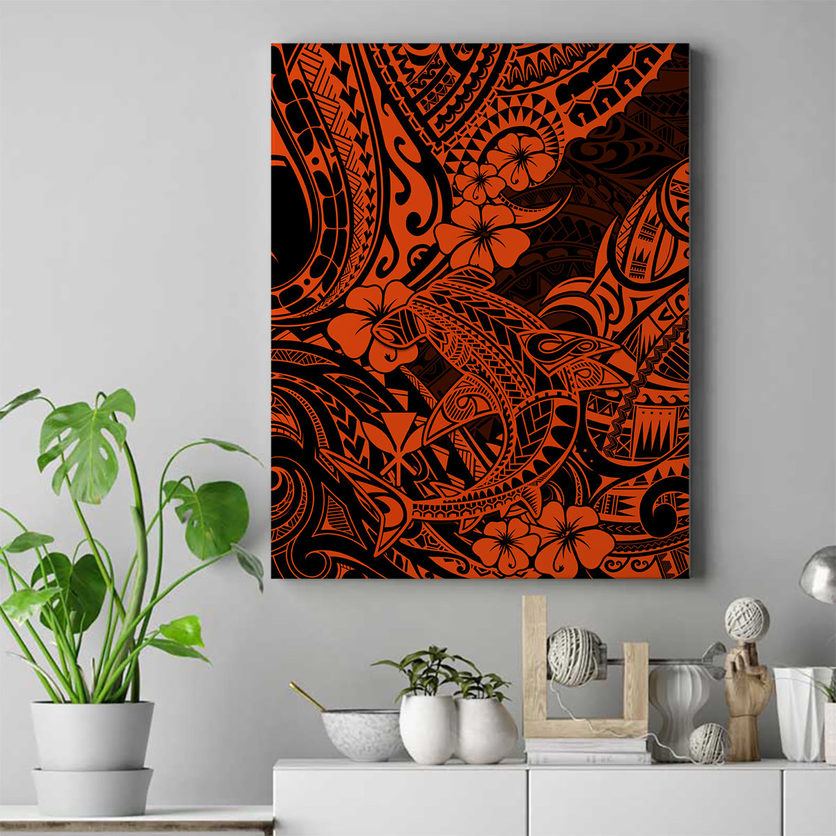 Hawaii Shark Canvas Wall Art Polynesian Pattern Orange Version - Wonder Print Shop