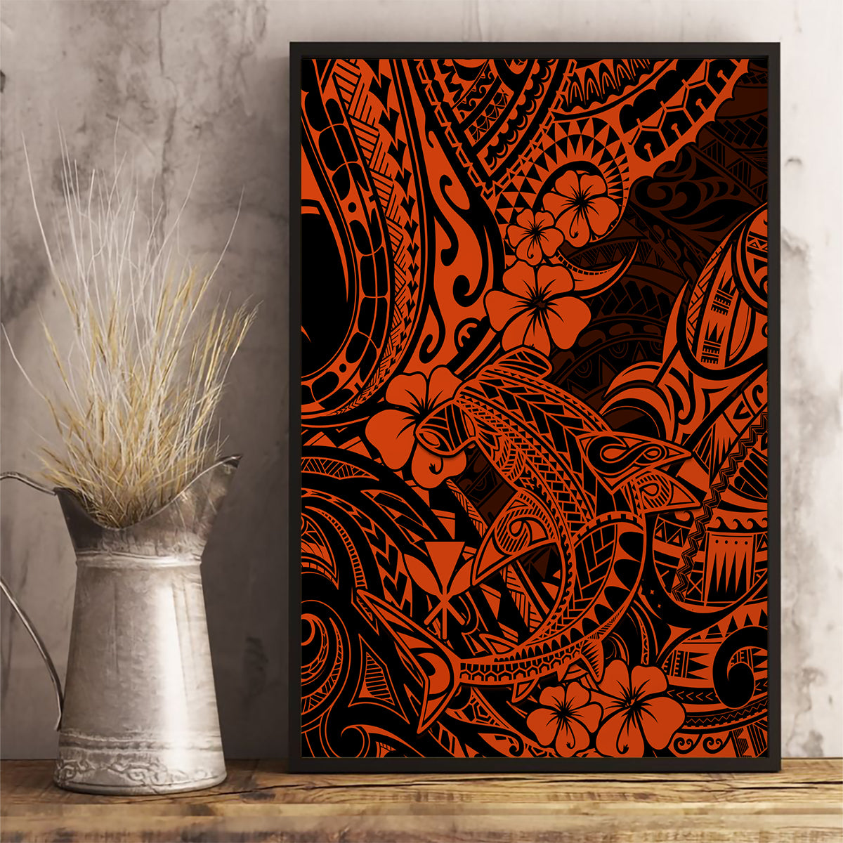 Hawaii Shark Canvas Wall Art Polynesian Pattern Orange Version - Wonder Print Shop