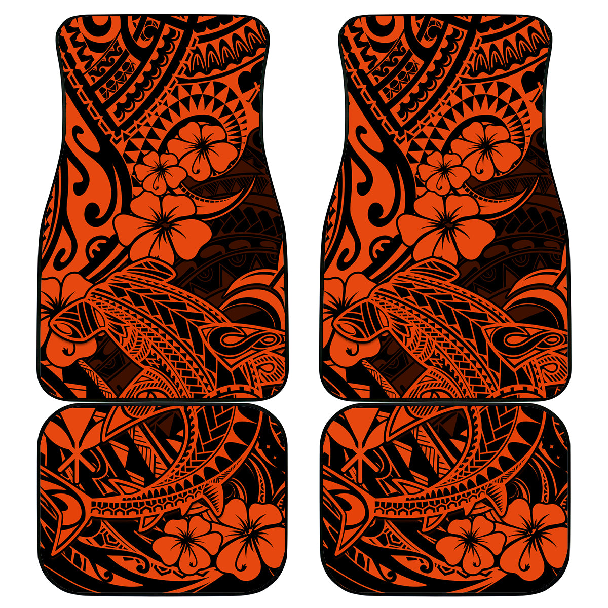 Hawaii Shark Car Mats Polynesian Pattern Orange Version - Wonder Print Shop