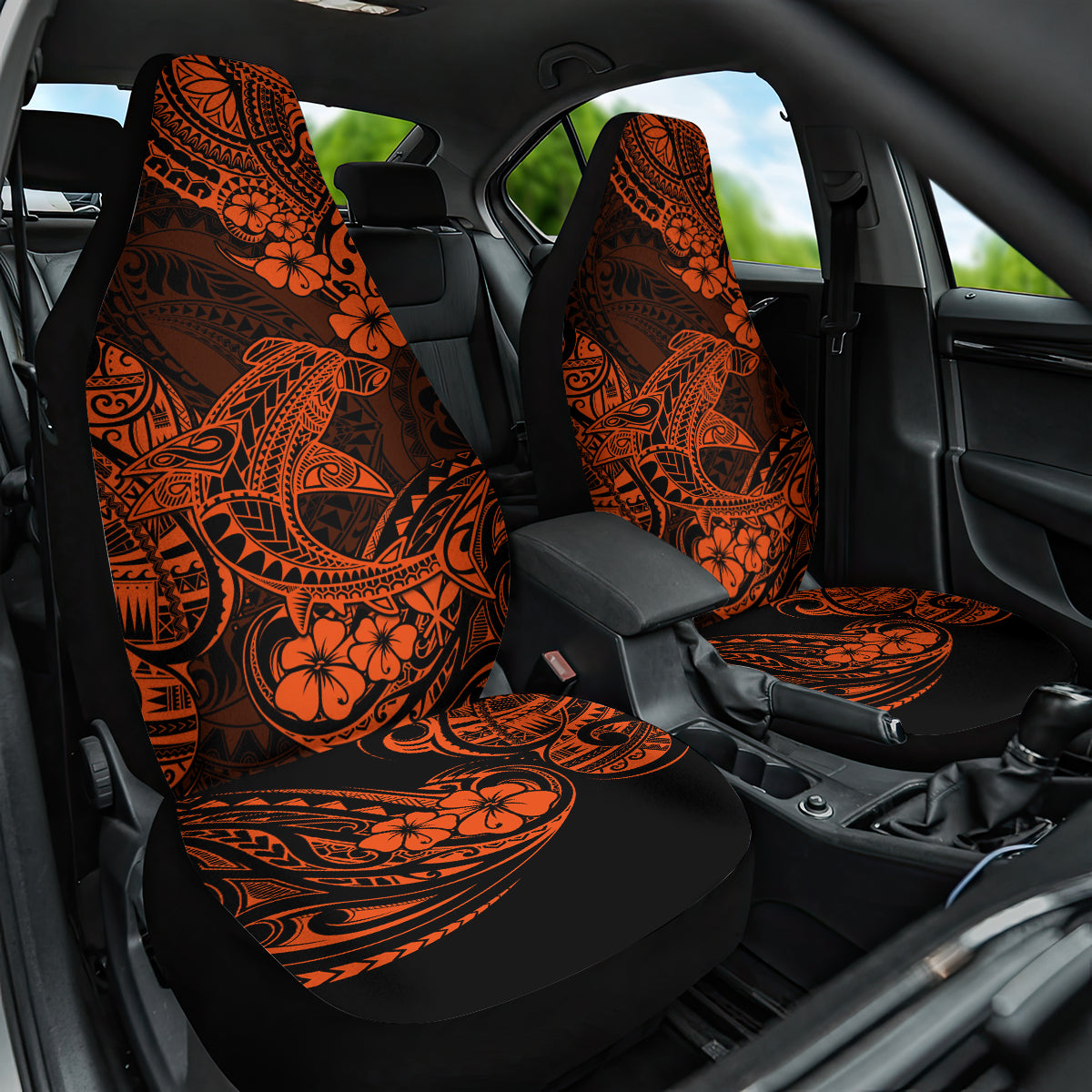 Hawaii Shark Car Seat Cover Polynesian Pattern Orange Version - Wonder Print Shop
