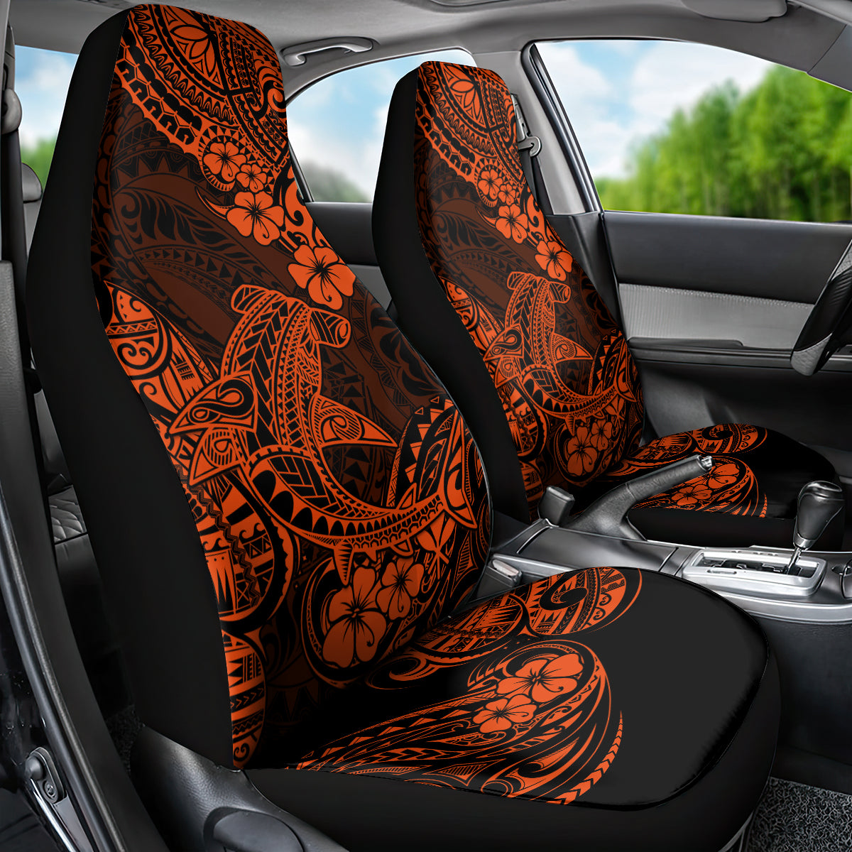 Hawaii Shark Car Seat Cover Polynesian Pattern Orange Version - Wonder Print Shop