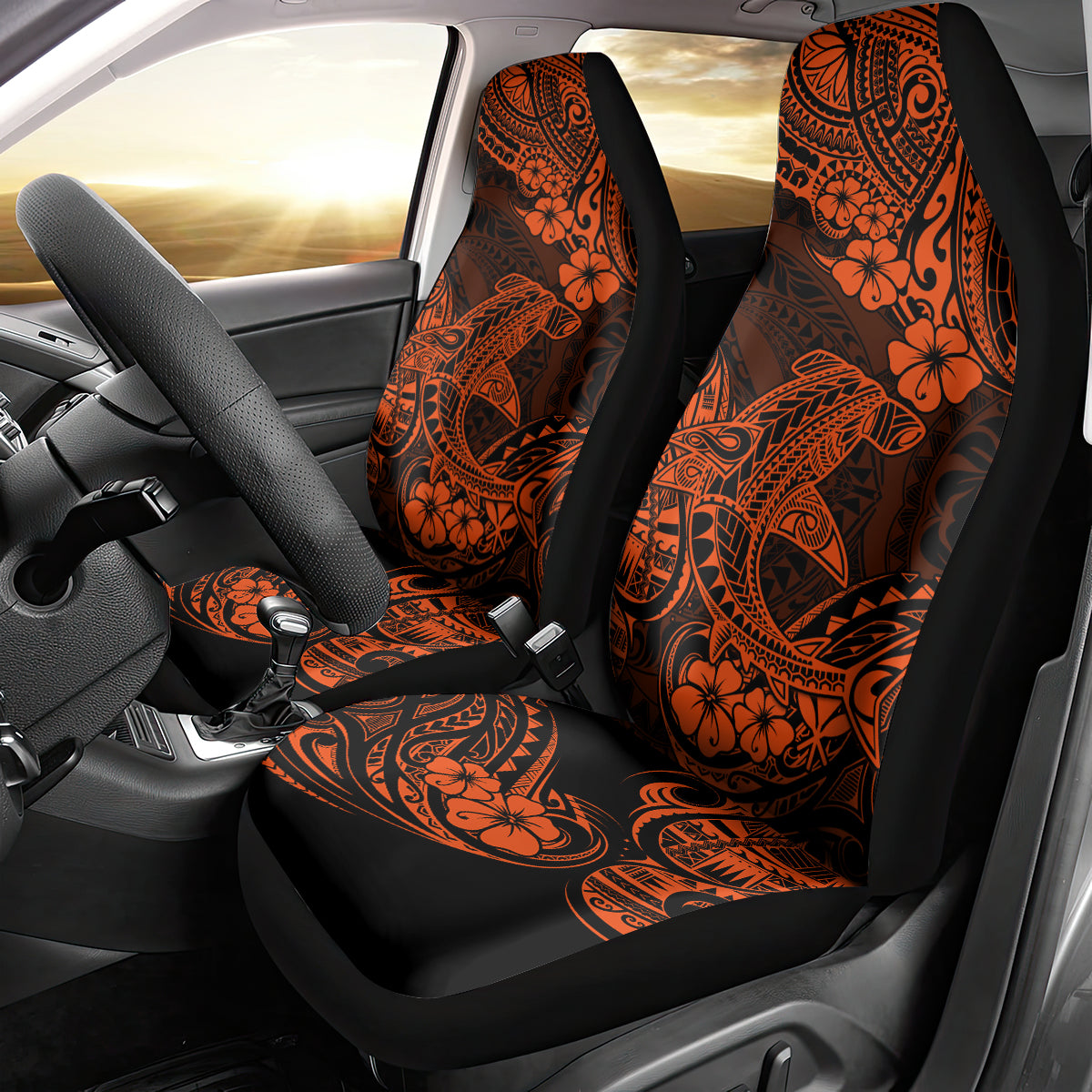 Hawaii Shark Car Seat Cover Polynesian Pattern Orange Version - Wonder Print Shop