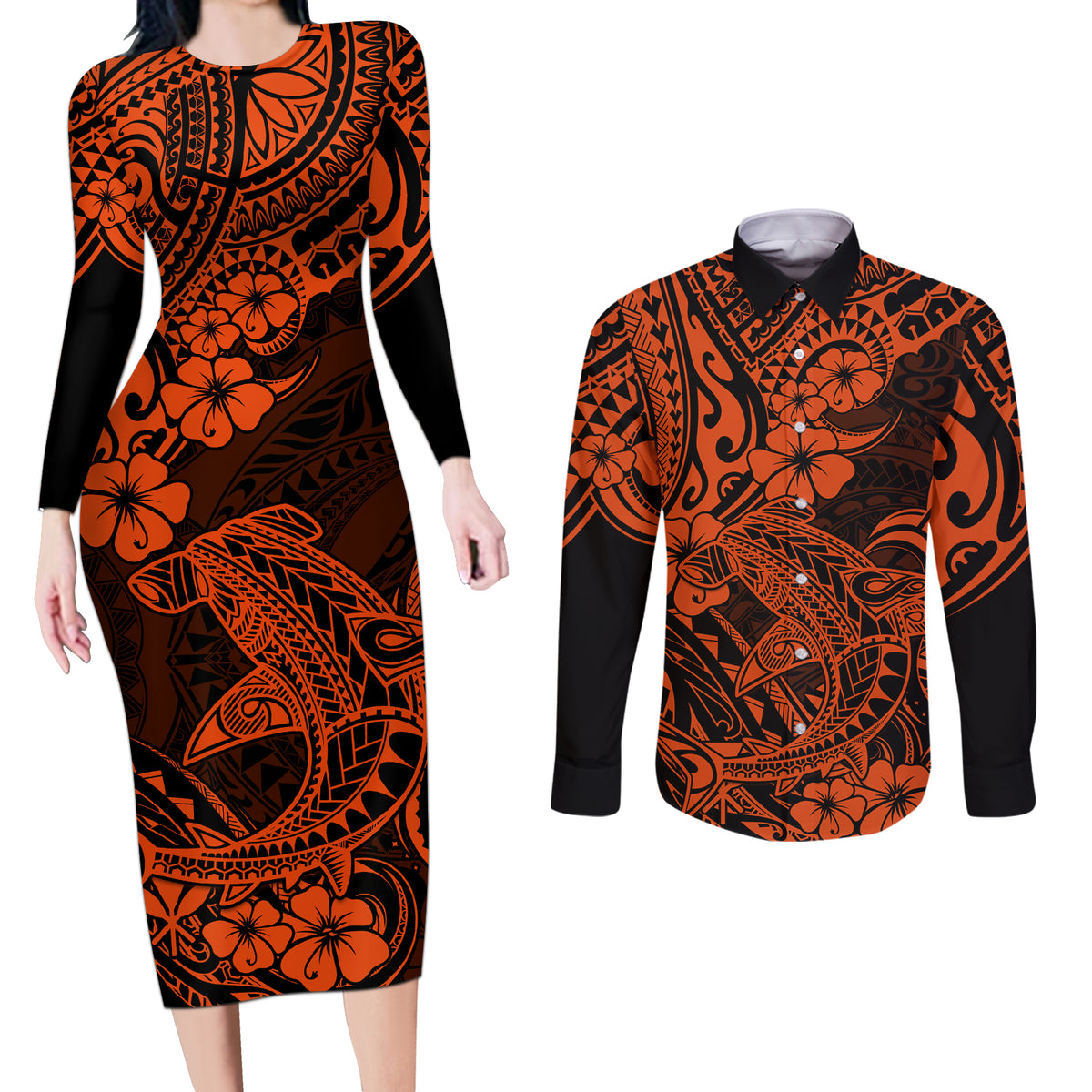 Hawaii Shark Couples Matching Long Sleeve Bodycon Dress and Long Sleeve Button Shirts Polynesian Pattern Orange Version - Wonder Print Shop