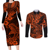 Hawaii Shark Couples Matching Long Sleeve Bodycon Dress and Long Sleeve Button Shirts Polynesian Pattern Orange Version - Wonder Print Shop