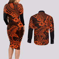 Hawaii Shark Couples Matching Long Sleeve Bodycon Dress and Long Sleeve Button Shirts Polynesian Pattern Orange Version - Wonder Print Shop