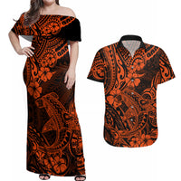 Hawaii Shark Couples Matching Off Shoulder Maxi Dress and Hawaiian Shirt Polynesian Pattern Orange Version - Wonder Print Shop