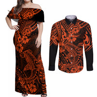 Hawaii Shark Couples Matching Off Shoulder Maxi Dress and Long Sleeve Button Shirts Polynesian Pattern Orange Version - Wonder Print Shop