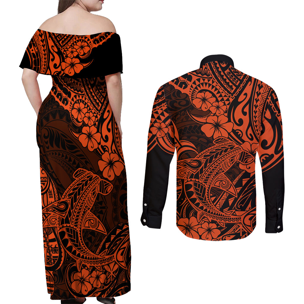Hawaii Shark Couples Matching Off Shoulder Maxi Dress and Long Sleeve Button Shirts Polynesian Pattern Orange Version - Wonder Print Shop
