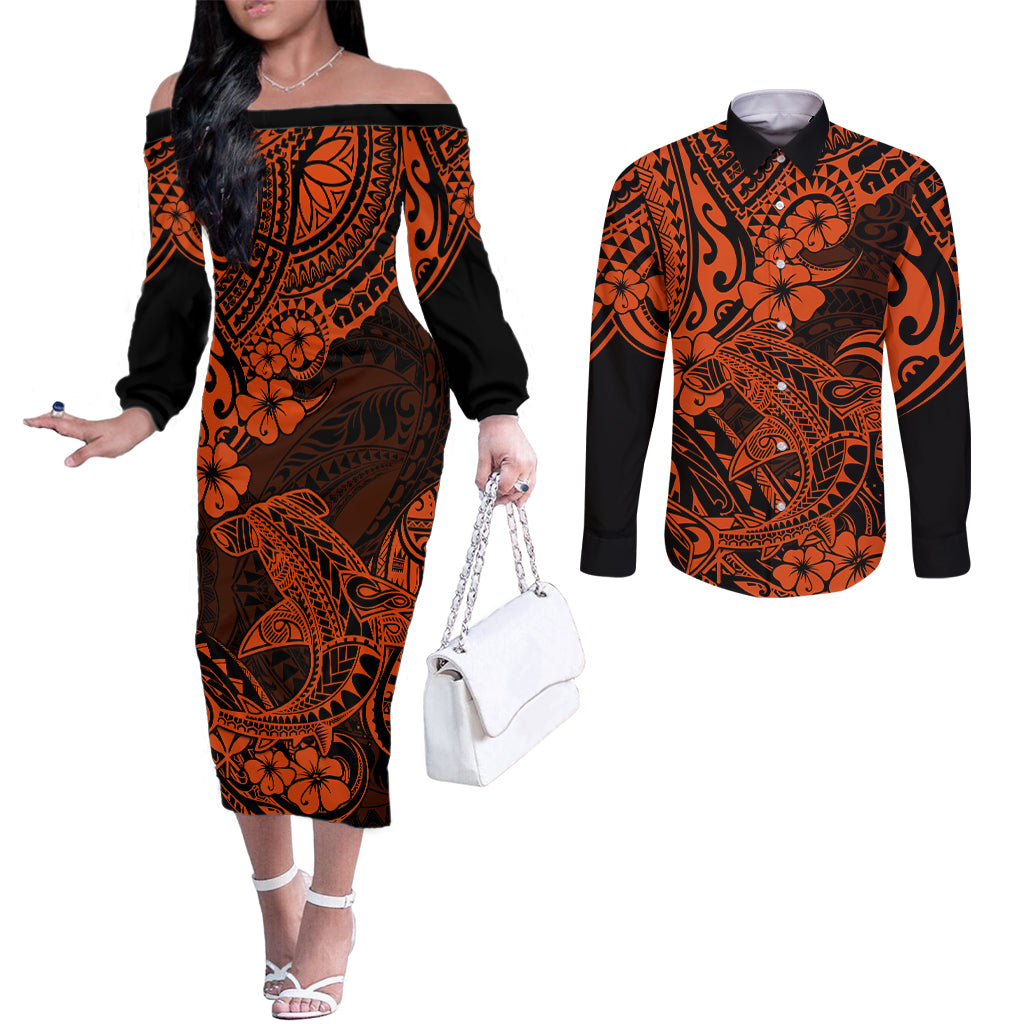 hawaii-shark-couples-matching-off-the-shoulder-long-sleeve-dress-and-long-sleeve-button-shirts-polynesian-pattern-orange-version