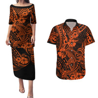 Hawaii Shark Couples Matching Puletasi Dress and Hawaiian Shirt Polynesian Pattern Orange Version - Wonder Print Shop