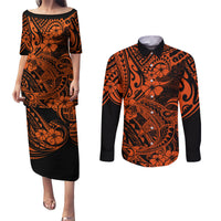 Hawaii Shark Couples Matching Puletasi Dress and Long Sleeve Button Shirts Polynesian Pattern Orange Version - Wonder Print Shop