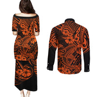 Hawaii Shark Couples Matching Puletasi Dress and Long Sleeve Button Shirts Polynesian Pattern Orange Version - Wonder Print Shop