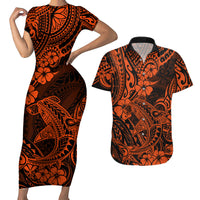 Hawaii Shark Couples Matching Short Sleeve Bodycon Dress and Hawaiian Shirt Polynesian Pattern Orange Version - Wonder Print Shop