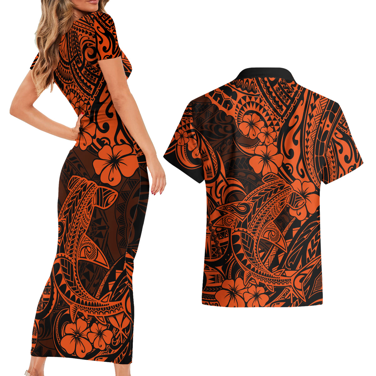 Hawaii Shark Couples Matching Short Sleeve Bodycon Dress and Hawaiian Shirt Polynesian Pattern Orange Version - Wonder Print Shop
