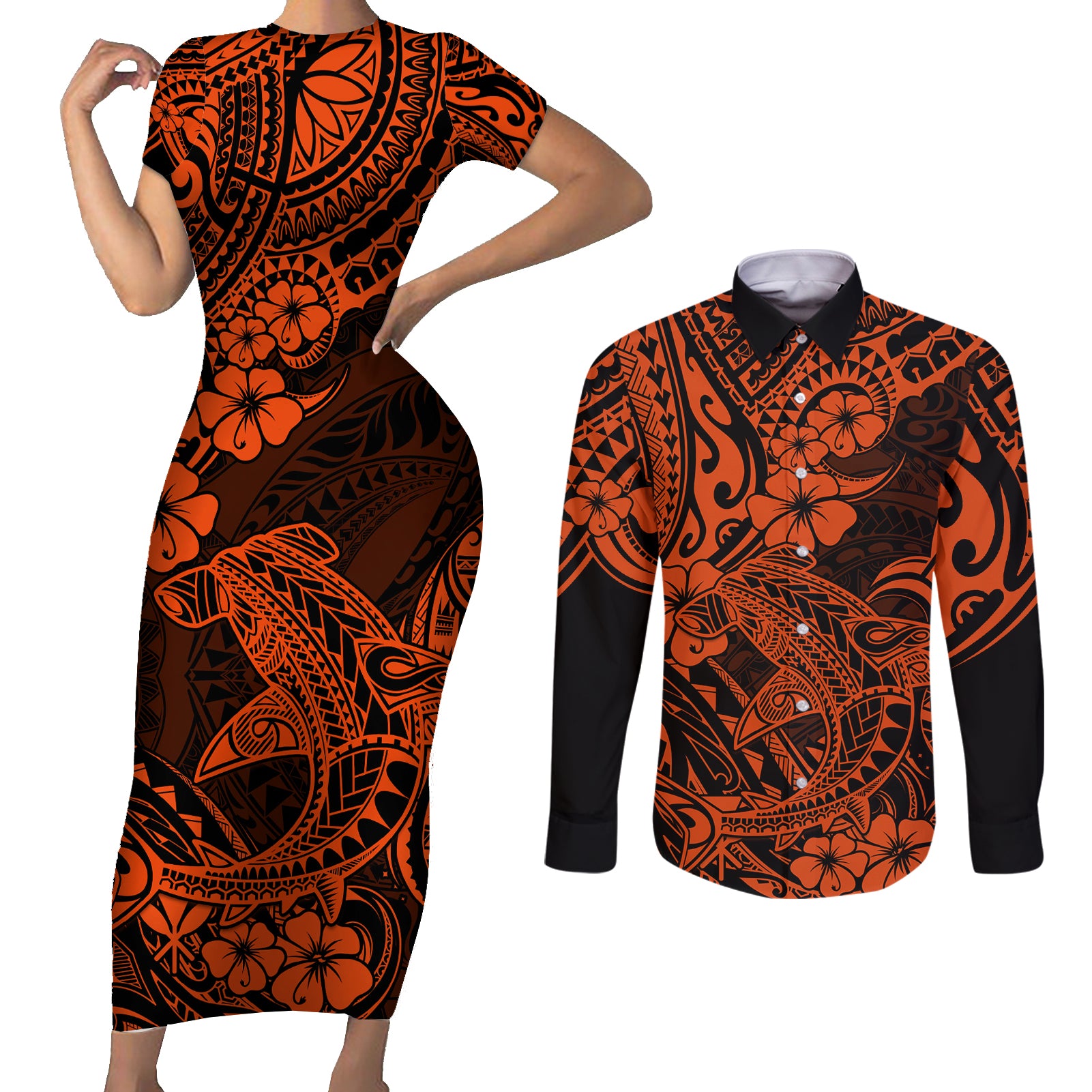 Hawaii Shark Couples Matching Short Sleeve Bodycon Dress and Long Sleeve Button Shirts Polynesian Pattern Orange Version - Wonder Print Shop