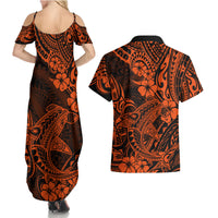 Hawaii Shark Couples Matching Summer Maxi Dress and Hawaiian Shirt Polynesian Pattern Orange Version - Wonder Print Shop