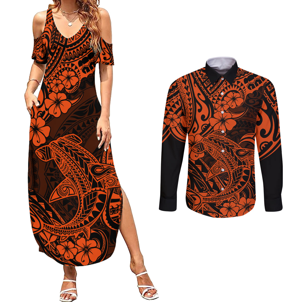 Hawaii Shark Couples Matching Summer Maxi Dress and Long Sleeve Button Shirts Polynesian Pattern Orange Version - Wonder Print Shop