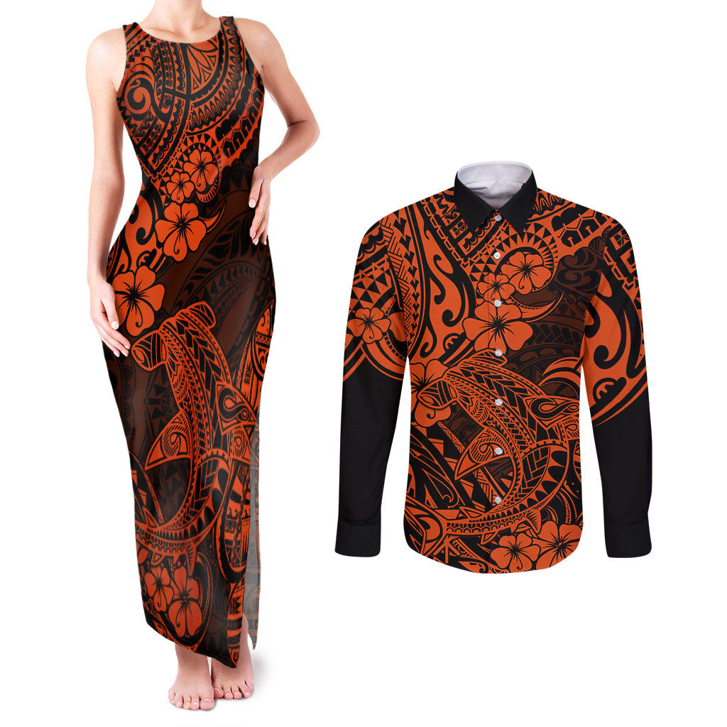 Hawaii Shark Couples Matching Tank Maxi Dress and Long Sleeve Button Shirts Polynesian Pattern Orange Version - Wonder Print Shop