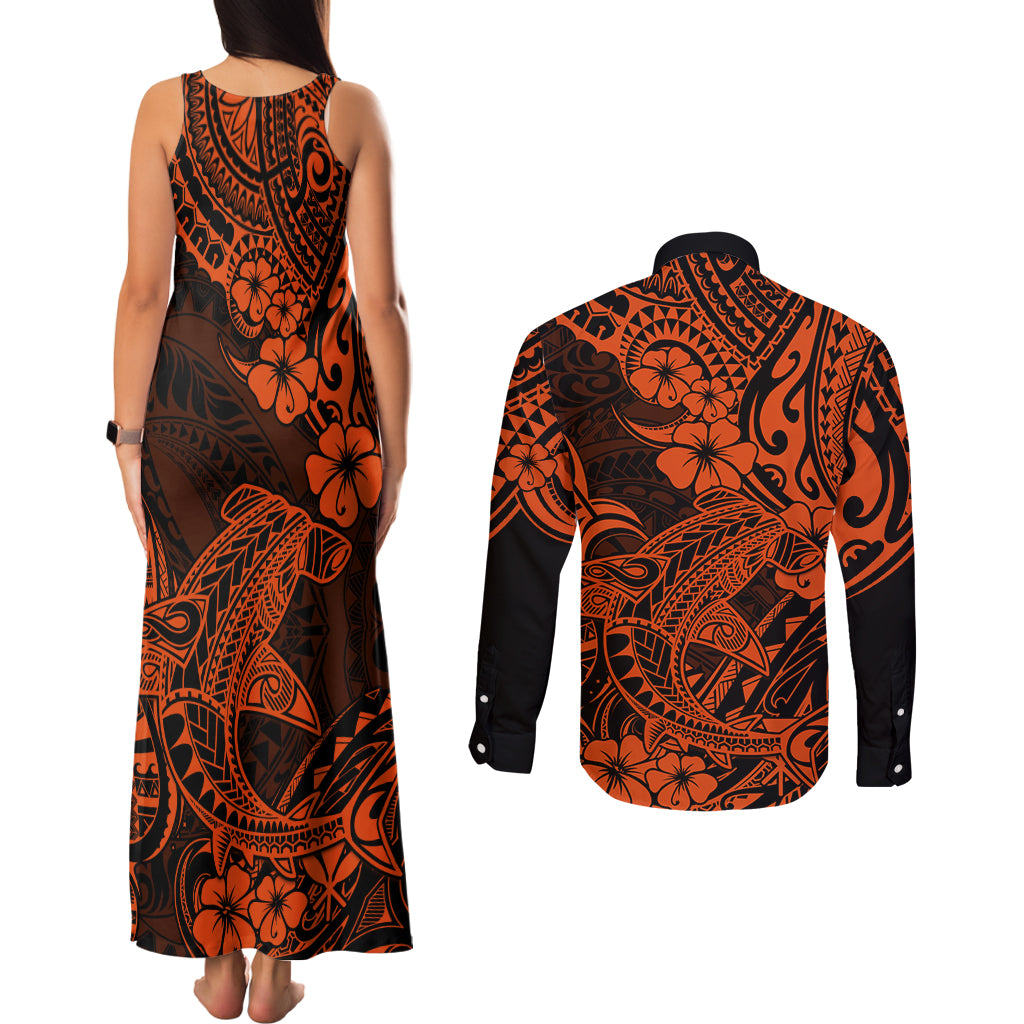 Hawaii Shark Couples Matching Tank Maxi Dress and Long Sleeve Button Shirts Polynesian Pattern Orange Version - Wonder Print Shop