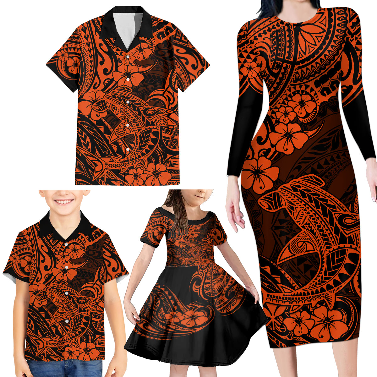 Hawaii Shark Family Matching Long Sleeve Bodycon Dress and Hawaiian Shirt Polynesian Pattern Orange Version - Wonder Print Shop