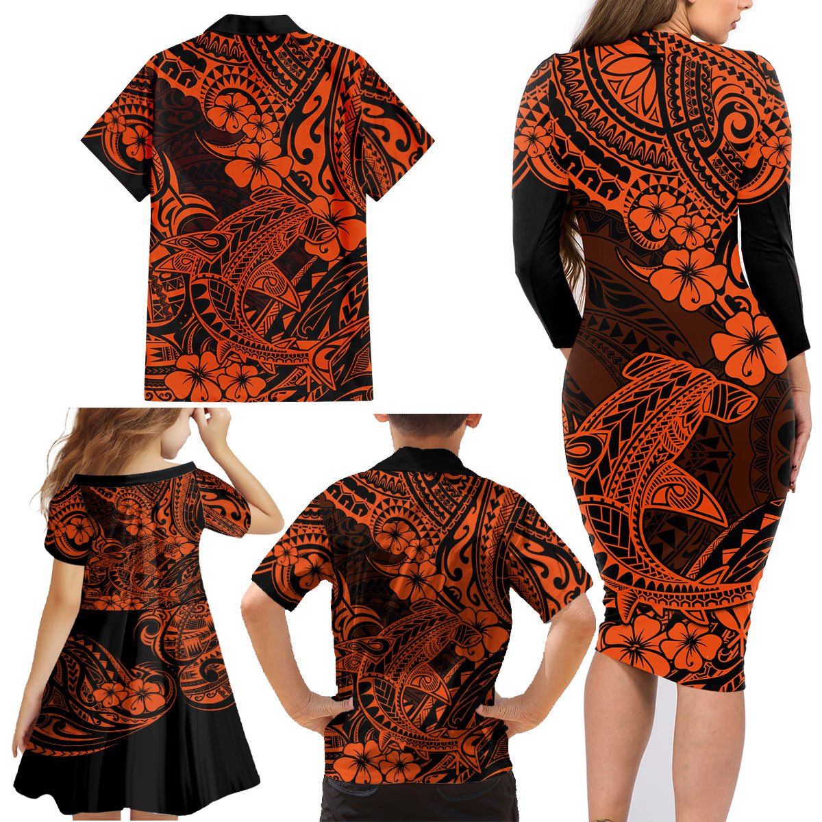 Hawaii Shark Family Matching Long Sleeve Bodycon Dress and Hawaiian Shirt Polynesian Pattern Orange Version - Wonder Print Shop