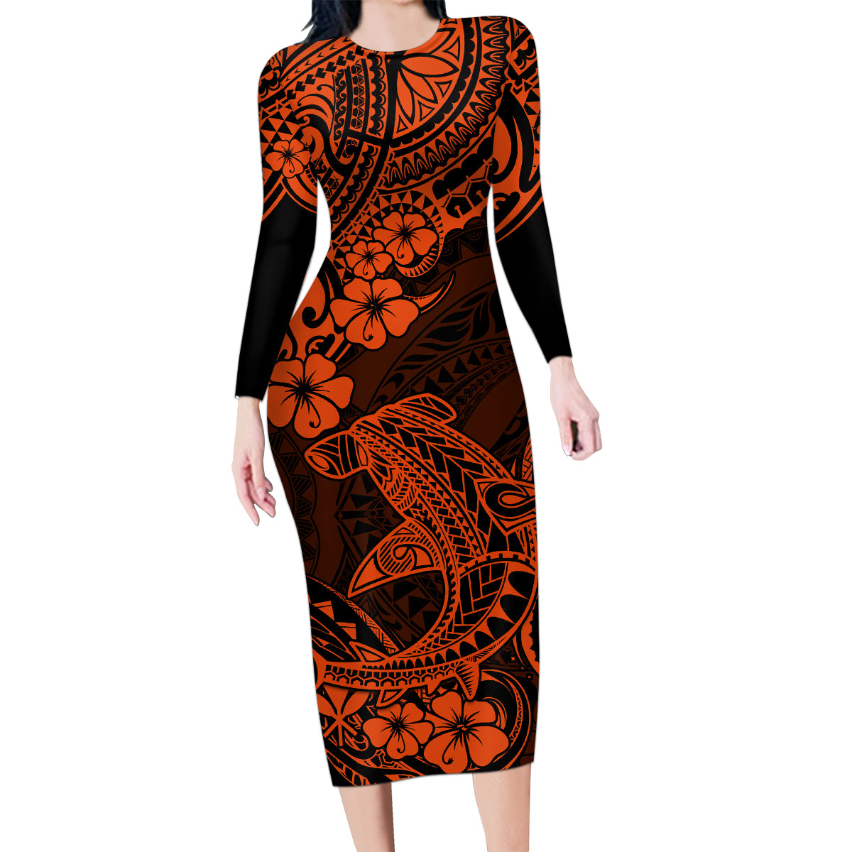 Hawaii Shark Family Matching Long Sleeve Bodycon Dress and Hawaiian Shirt Polynesian Pattern Orange Version - Wonder Print Shop