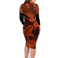 Hawaii Shark Family Matching Long Sleeve Bodycon Dress and Hawaiian Shirt Polynesian Pattern Orange Version - Wonder Print Shop