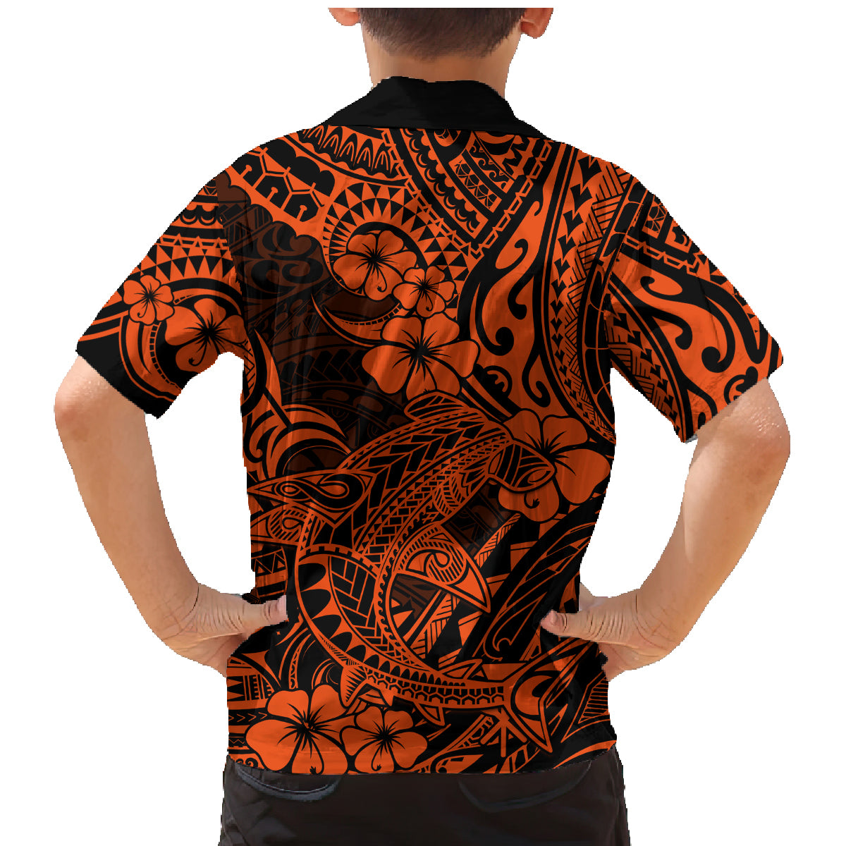 Hawaii Shark Family Matching Mermaid Dress and Hawaiian Shirt Polynesian Pattern Orange Version - Wonder Print Shop