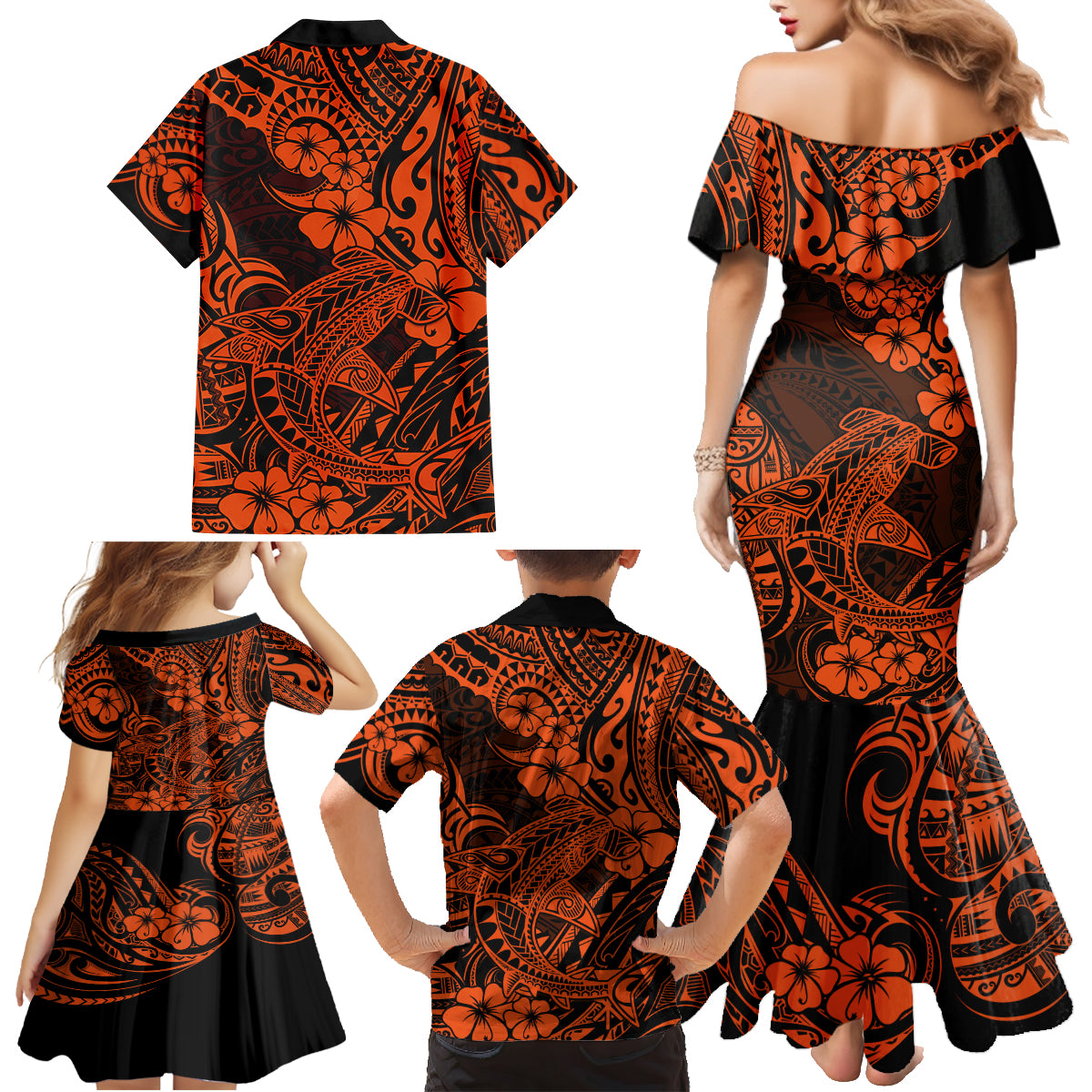 Hawaii Shark Family Matching Mermaid Dress and Hawaiian Shirt Polynesian Pattern Orange Version - Wonder Print Shop