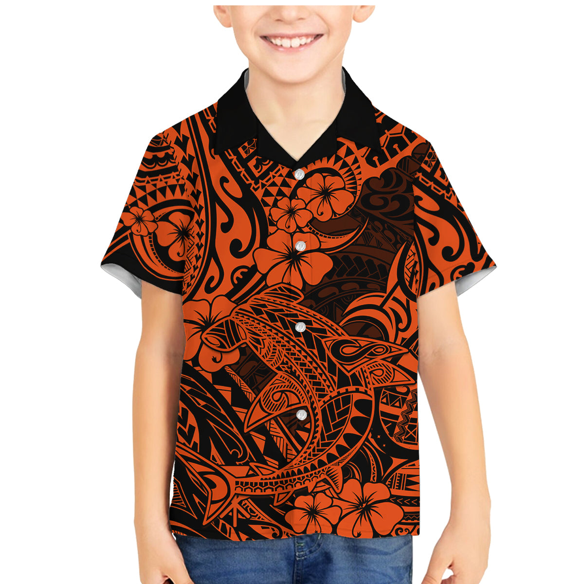Hawaii Shark Family Matching Mermaid Dress and Hawaiian Shirt Polynesian Pattern Orange Version - Wonder Print Shop