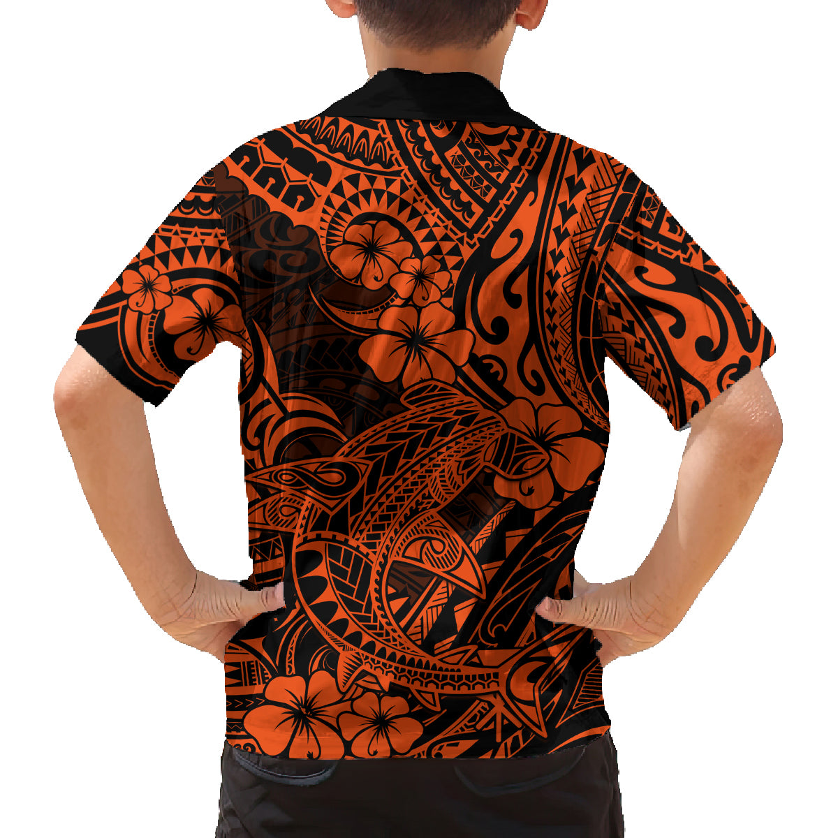 Hawaii Shark Family Matching Off Shoulder Long Sleeve Dress and Hawaiian Shirt Polynesian Pattern Orange Version - Wonder Print Shop