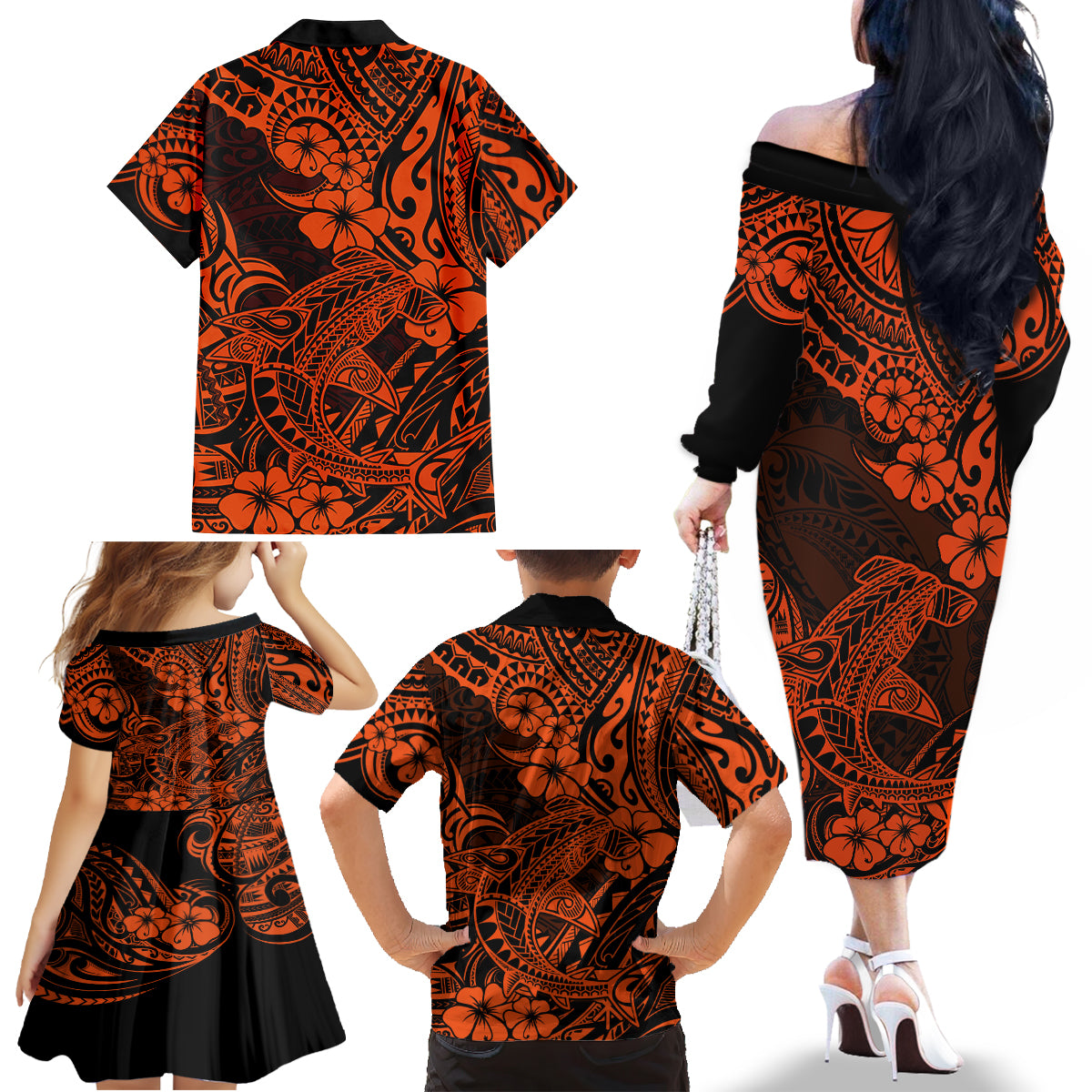 Hawaii Shark Family Matching Off Shoulder Long Sleeve Dress and Hawaiian Shirt Polynesian Pattern Orange Version - Wonder Print Shop