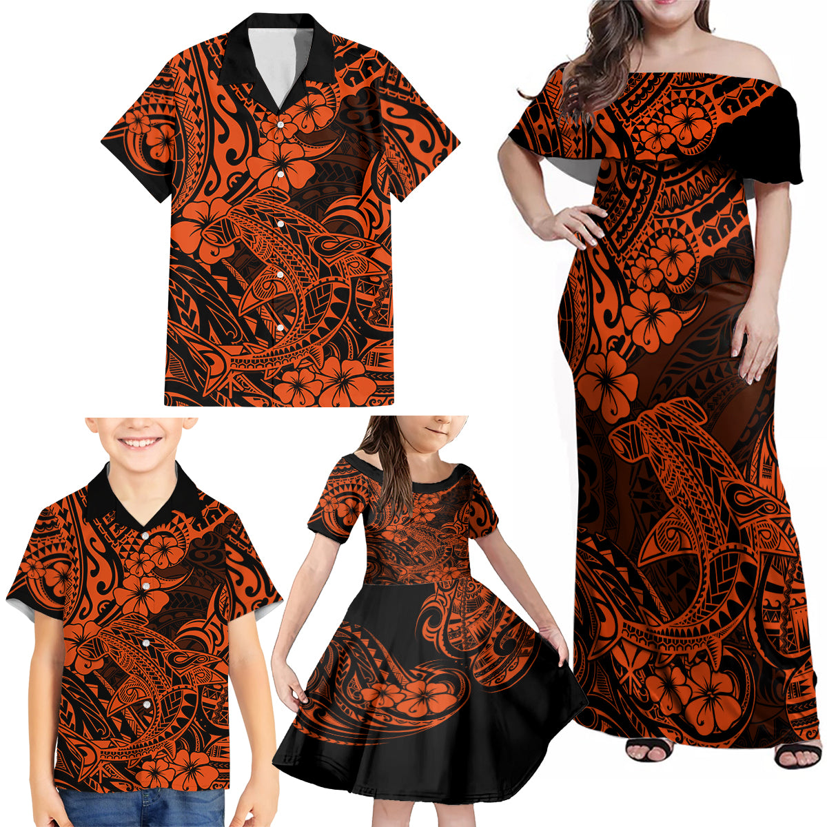 Hawaii Shark Family Matching Off Shoulder Maxi Dress and Hawaiian Shirt Polynesian Pattern Orange Version - Wonder Print Shop